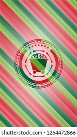 Bitcoin mining trolley icon inside christmas colors emblem.