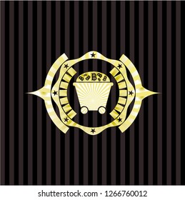 Bitcoin mining trolley icon inside golden emblem or badge