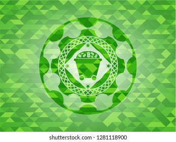 Bitcoin mining trolley icon inside green emblem. Mosaic background