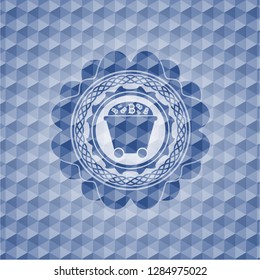 Bitcoin mining trolley icon inside blue badge with geometric pattern.