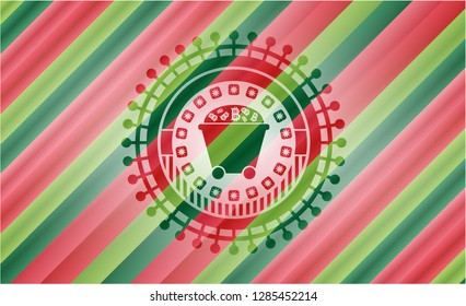 Bitcoin mining trolley icon inside christmas badge background.