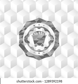 Bitcoin mining trolley icon inside grey badge with geometric cube white background