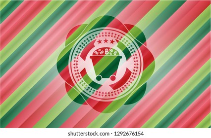 Bitcoin mining trolley icon inside christmas colors emblem.