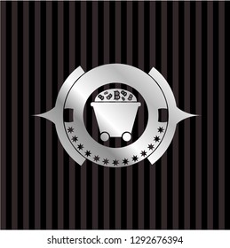 Bitcoin mining trolley icon inside silver emblem