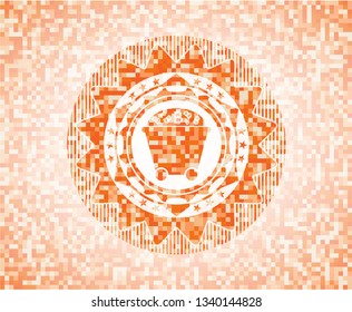 Bitcoin mining trolley icon inside abstract orange mosaic emblem