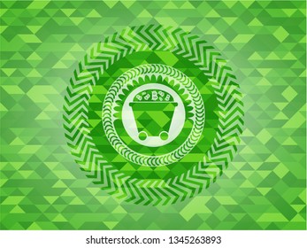 Bitcoin mining trolley icon inside green emblem with triangle mosaic background