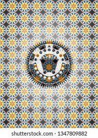 Bitcoin mining trolley icon inside arabic badge. Arabesque decoration.