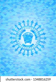 Bitcoin mining trolley icon inside sky blue emblem with mosaic background