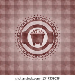 Bitcoin mining trolley icon inside red seamless badge with geometric pattern.