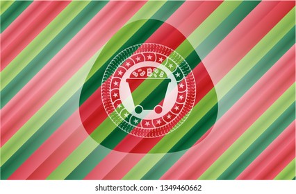 Bitcoin mining trolley icon inside christmas badge background.