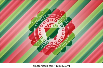 Bitcoin mining trolley icon inside christmas style emblem.