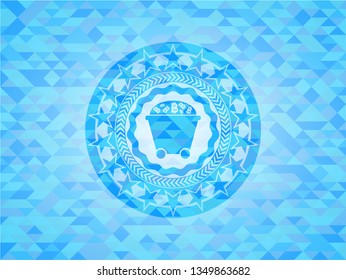 Bitcoin mining trolley icon inside realistic sky blue mosaic emblem