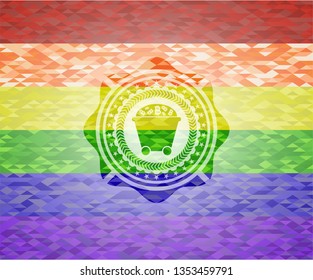 Bitcoin mining trolley icon inside emblem on mosaic background with the colors of the LGBT flag