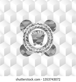 Bitcoin mining trolley icon inside grey emblem. Retro with geometric cube white background