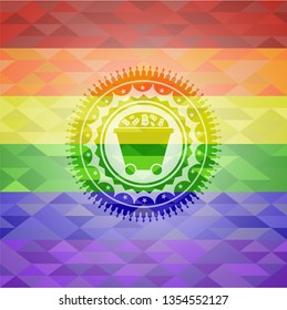 Bitcoin mining trolley icon inside emblem on mosaic background with the colors of the LGBT flag
