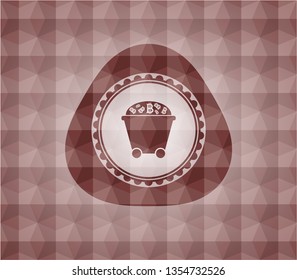 Bitcoin mining trolley icon inside red geometric emblem. Seamless.