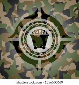 Bitcoin mining trolley icon inside camo emblem