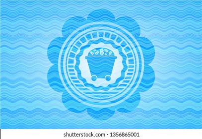 Bitcoin mining trolley icon inside water wave badge background.