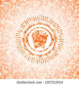 Bitcoin mining trolley icon inside abstract orange mosaic emblem