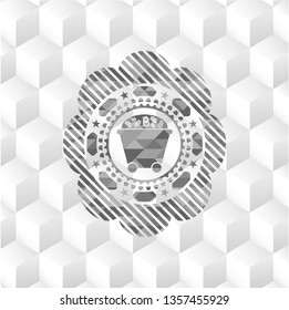 Bitcoin mining trolley icon inside grey badge with geometric cube white background