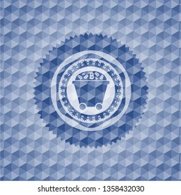 Bitcoin mining trolley icon inside blue badge with geometric pattern.