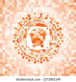 Bitcoin mining trolley icon inside abstract emblem, orange mosaic background