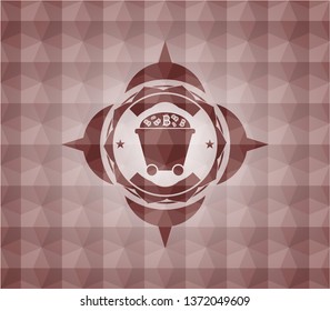 Bitcoin mining trolley icon inside red seamless polygonal badge.