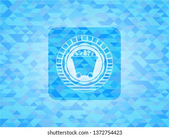 Bitcoin mining trolley icon inside realistic light blue mosaic emblem