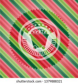 Bitcoin mining trolley icon inside christmas colors badge.
