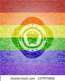 Bitcoin mining trolley icon inside emblem on mosaic background with the colors of the LGBT flag