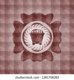 Bitcoin mining trolley icon inside red seamless emblem with geometric pattern background.
