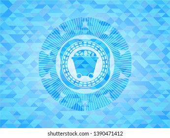 Bitcoin mining trolley icon inside realistic light blue mosaic emblem