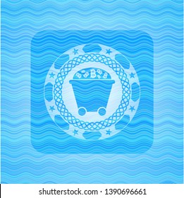 Bitcoin mining trolley icon inside water representation emblem.
