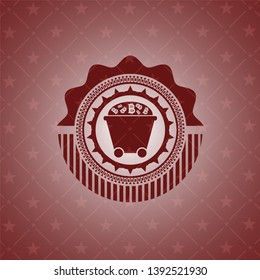 Bitcoin mining trolley icon inside realistic red emblem