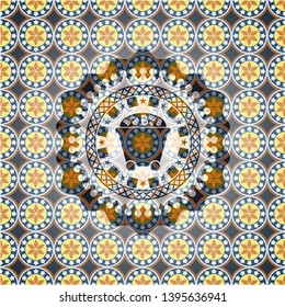 Bitcoin mining trolley icon inside arabesque style emblem. arabic decoration.