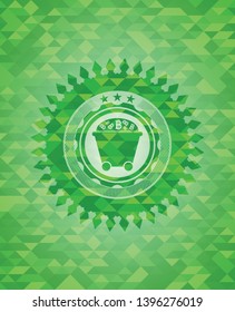 Bitcoin mining trolley icon inside realistic green mosaic emblem