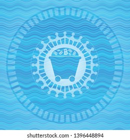 Bitcoin mining trolley icon inside water representation emblem.