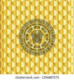 Bitcoin mining trolley icon inside golden badge. Scales pattern. Vector Illustration. Detailed.