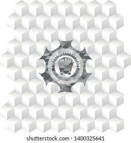 Bitcoin mining trolley icon inside grey emblem with cube white background