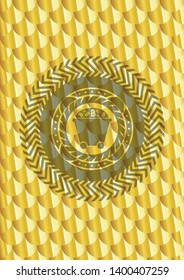 Bitcoin mining trolley icon inside golden emblem. Scales pattern. Vector Illustration. Detailed.