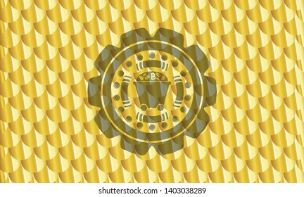 Bitcoin mining trolley icon inside shiny golden emblem. Scales pattern. Vector Illustration. Detailed.