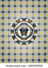 Bitcoin mining trolley icon inside arabesque emblem background. arabic decoration.