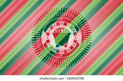 Bitcoin mining trolley icon inside christmas style emblem.