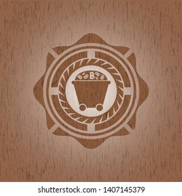 Bitcoin mining trolley icon inside badge with wooden background