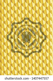 Bitcoin mining trolley icon inside golden badge. Scales pattern. Vector Illustration. Detailed.
