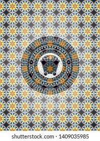 Bitcoin mining trolley icon inside arabesque emblem background. arabic decoration.