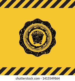 Bitcoin mining trolley icon inside warning sign, black grunge emblem. Vector Illustration. Detailed.