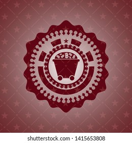 Bitcoin mining trolley icon inside realistic red emblem