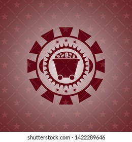 Bitcoin mining trolley icon inside red emblem. Retro