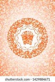 Bitcoin mining trolley icon inside abstract emblem, orange mosaic background